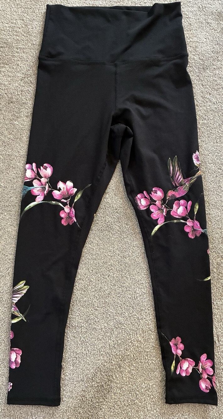 Evolution and Creation Hummingbird Floral Leggings Medium M Black Pink Sakura